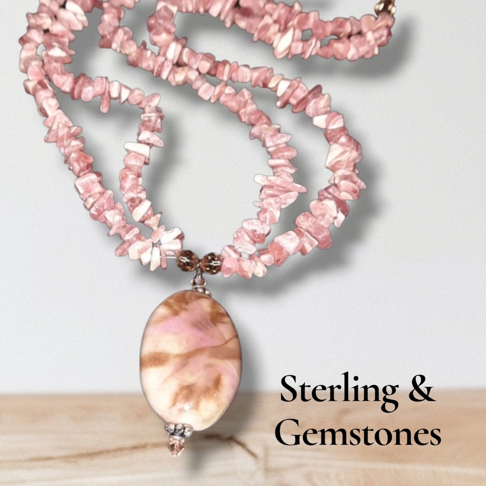 925 Pink opal, Rhodochrosite Necklace sterling Silver Double Strand